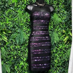 Cache Dress Womens Size 0 Black Purple Print Strapless Bandage Bodycon 3707